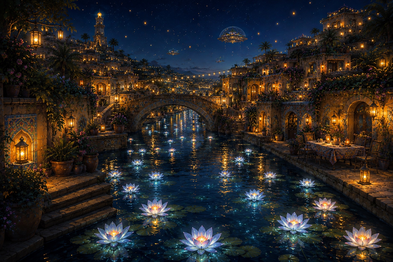 San Lirio cityscape with glowing canals